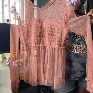 Sheer Pink Ruffle Mesh Top